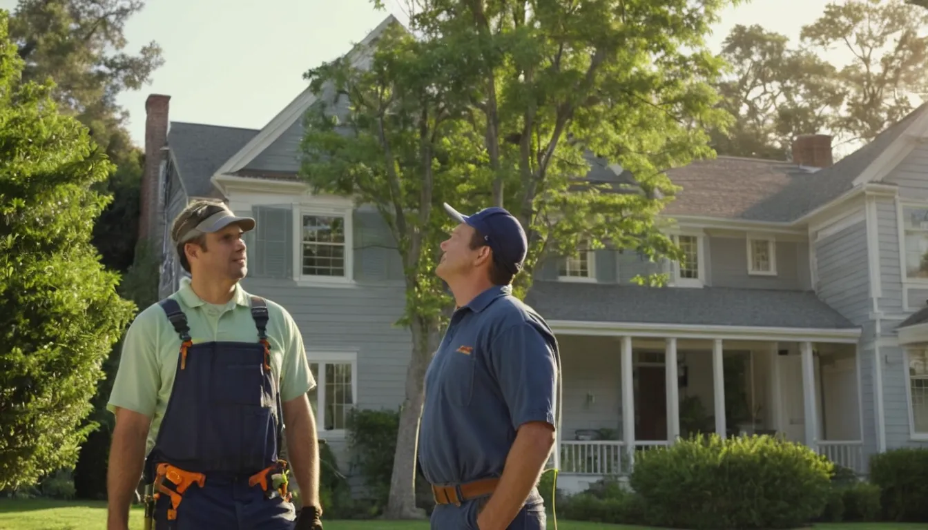 A homeowner and a tree provider reviewing a large backyard tree in Rockville